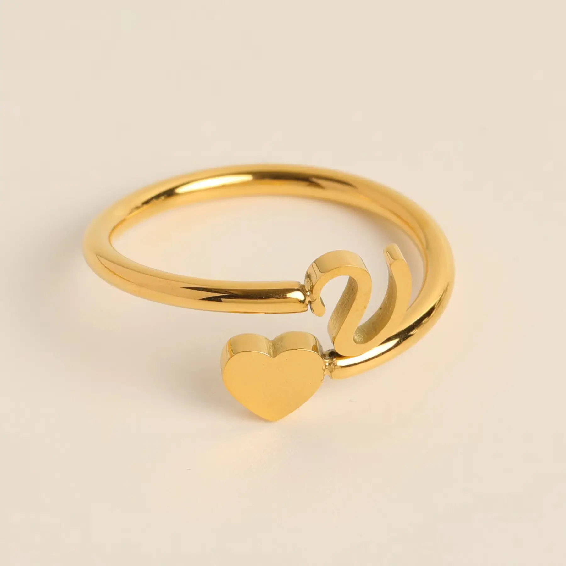 Gold Adjustable Heart Initial Ring for Women