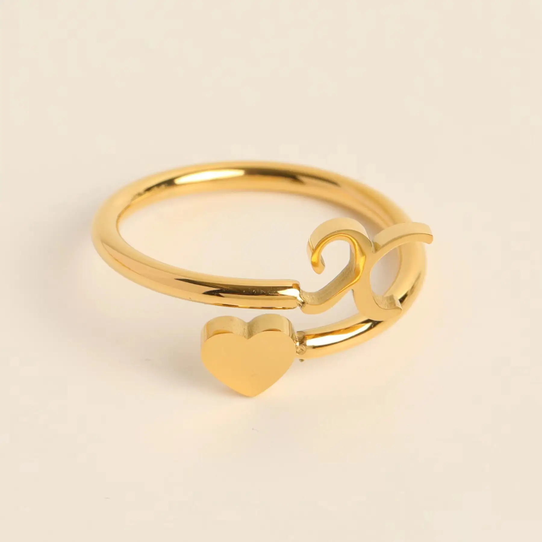 Gold Adjustable Heart Initial Ring for Women