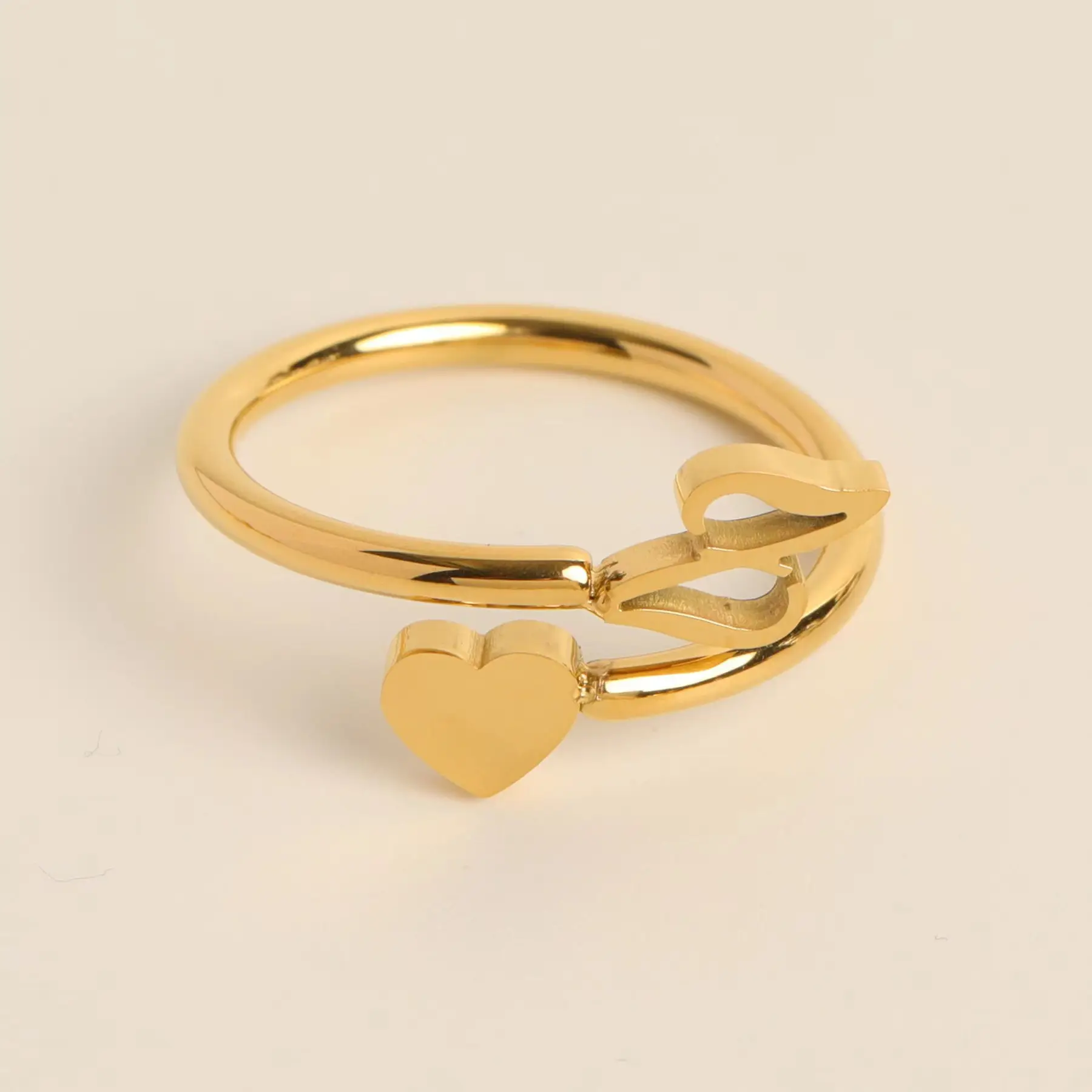 Gold Adjustable Heart Initial Ring for Women