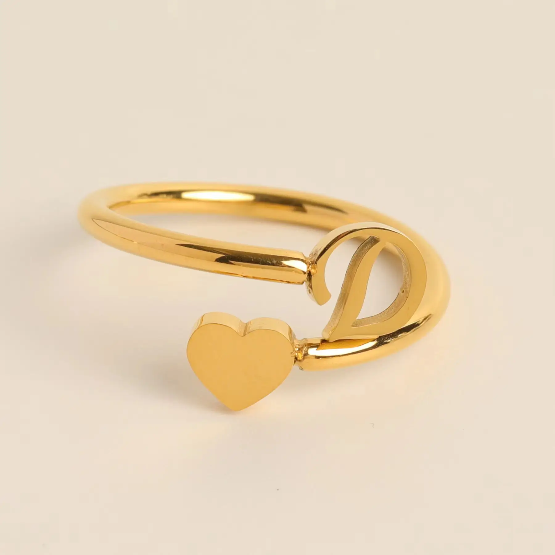 Gold Adjustable Heart Initial Ring for Women