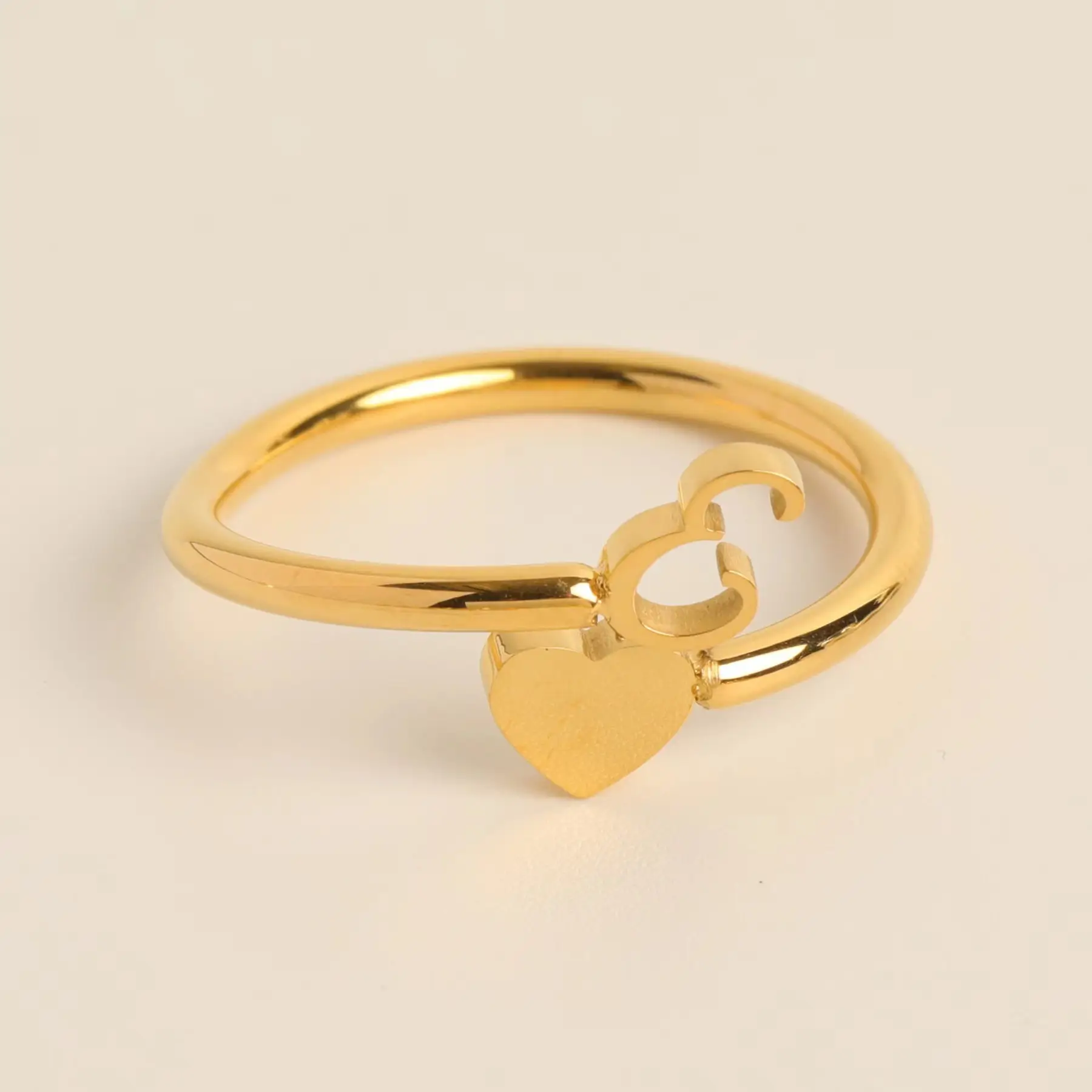 Gold Adjustable Heart Initial Ring for Women