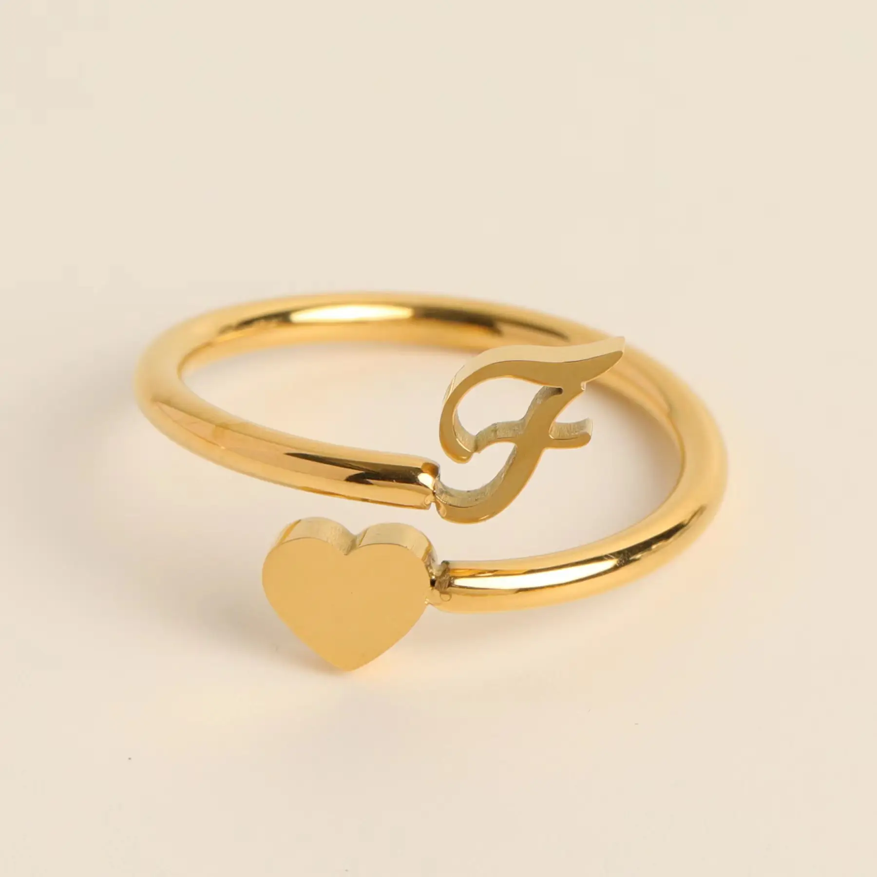 Gold Adjustable Heart Initial Ring for Women