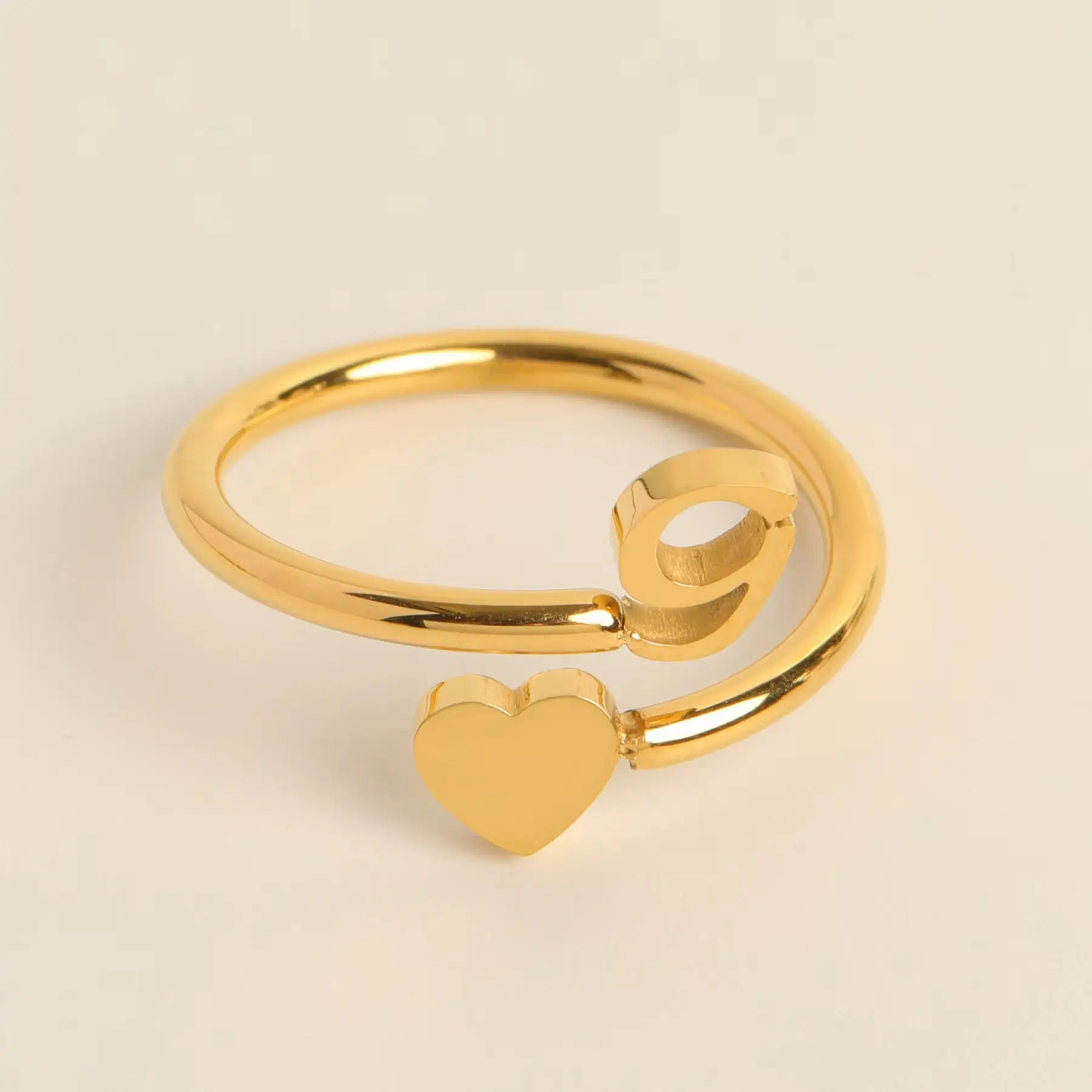 Gold Adjustable Heart Initial Ring for Women