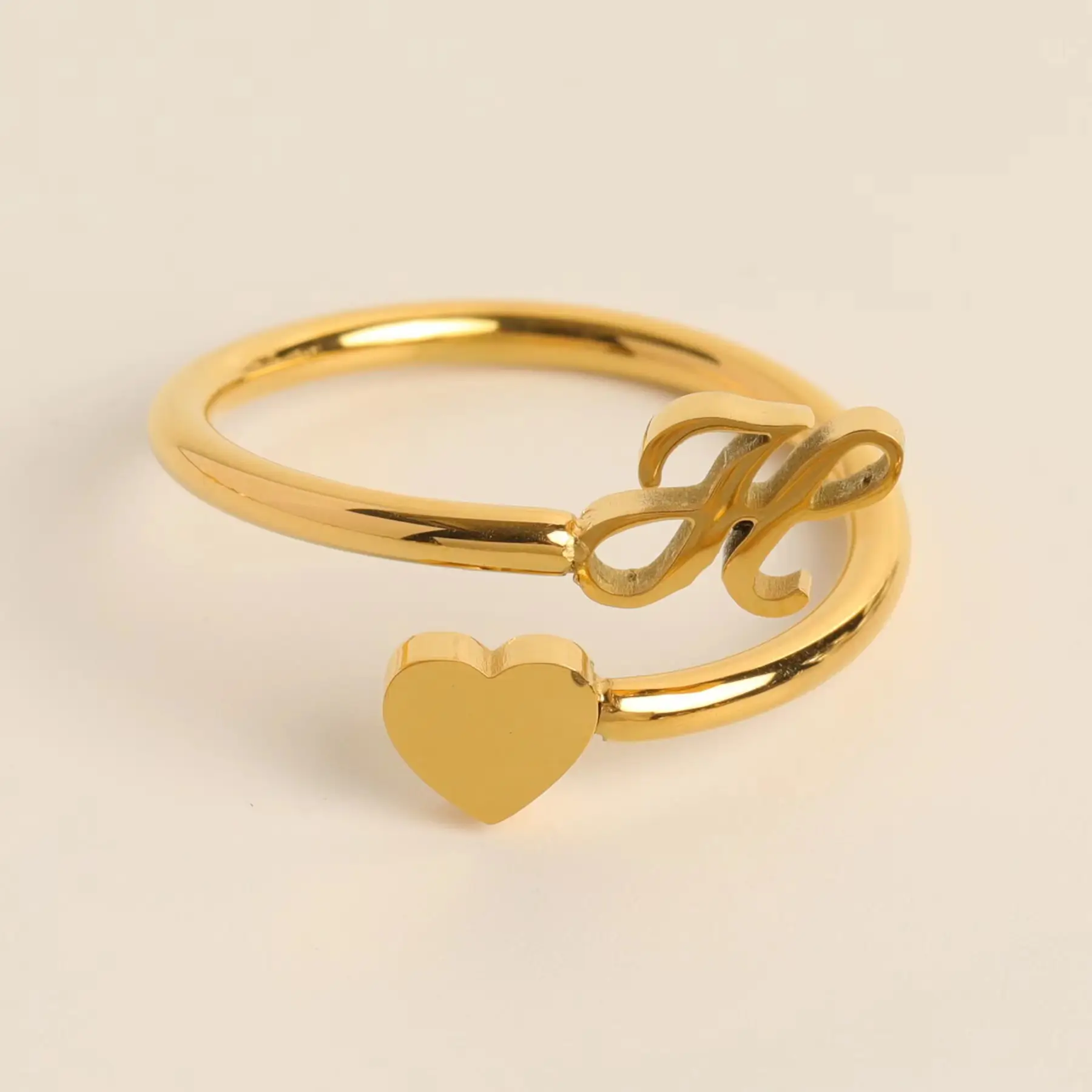 Gold Adjustable Heart Initial Ring for Women