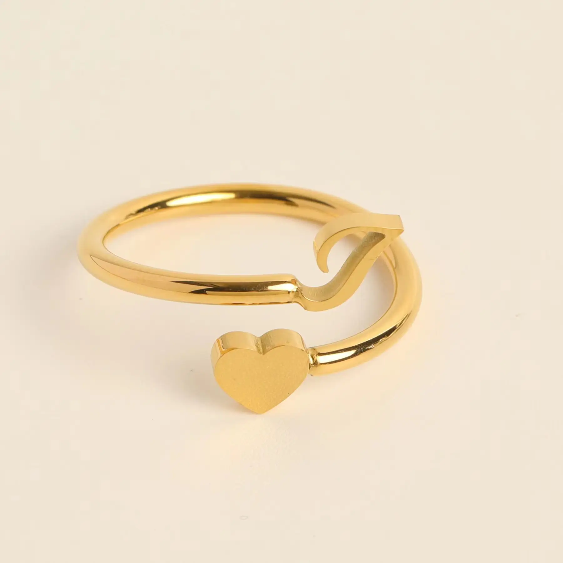 Gold Adjustable Heart Initial Ring for Women
