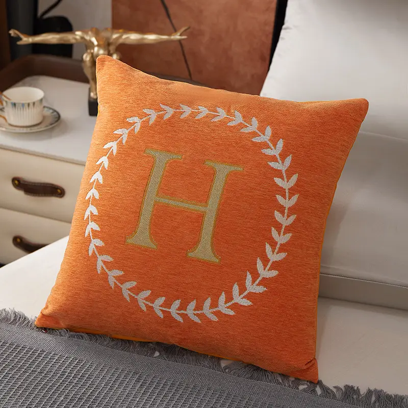 Blue Chenille Pillow with Gold H Embroidery - Image 8