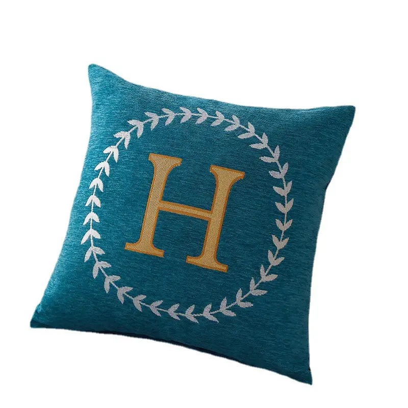 Blue Chenille Pillow with Gold H Embroidery - Image 11