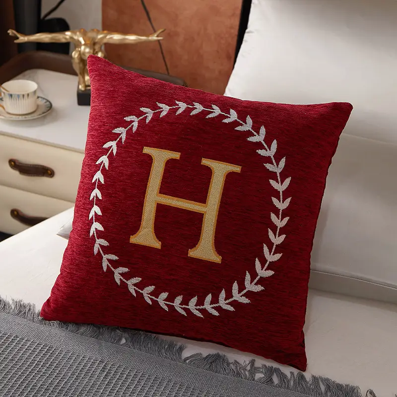 Blue Chenille Pillow with Gold H Embroidery - Image 2