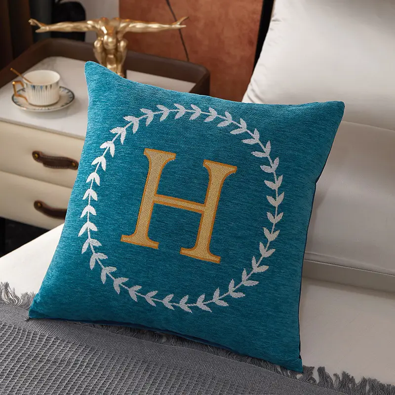Blue Chenille Pillow with Gold H Embroidery - Image 4