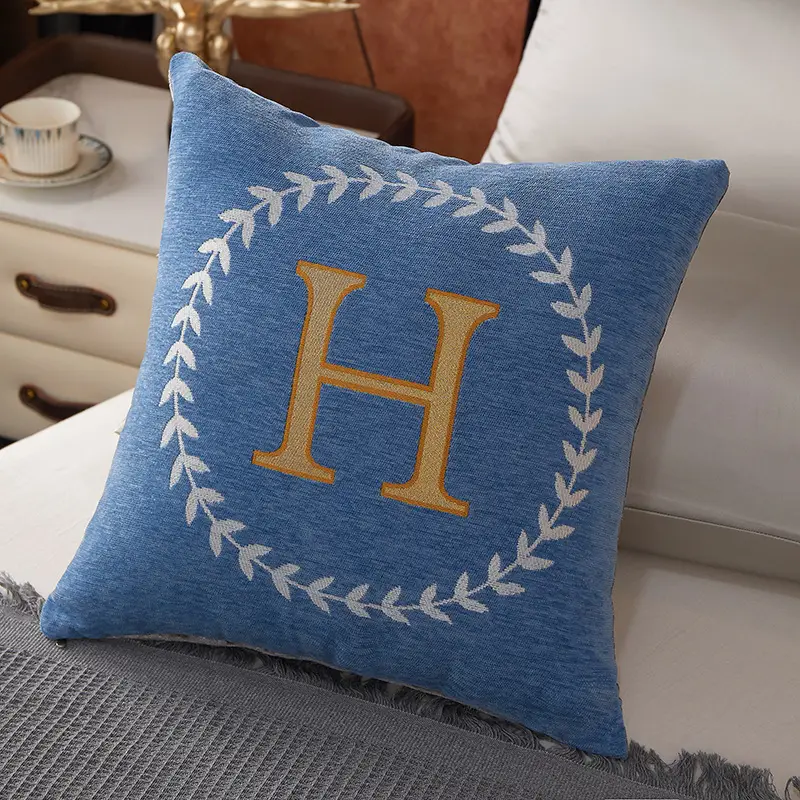 Blue Chenille Pillow with Gold H Embroidery - Image 5