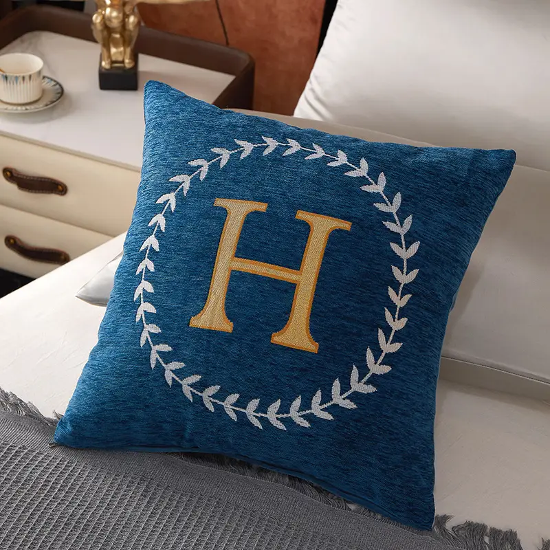 Blue Chenille Pillow with Gold H Embroidery - Image 6