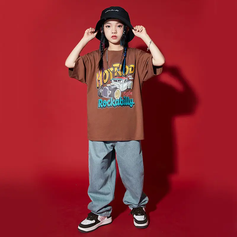 Girls Hip Hop T-Shirt Set Brown Gray Street Dance Wear - Image 4