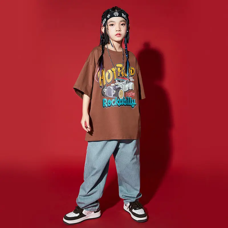 Girls Hip Hop T-Shirt Set Brown Gray Street Dance Wear - Image 5