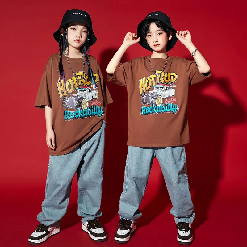 Girls Hip Hop T-Shirt Set Brown Gray Street Dance Wear - Image 7