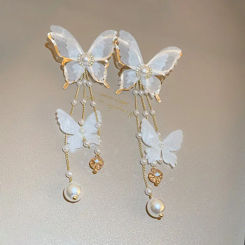Silver Butterfly Pearl Earrings for Women - Image 4
