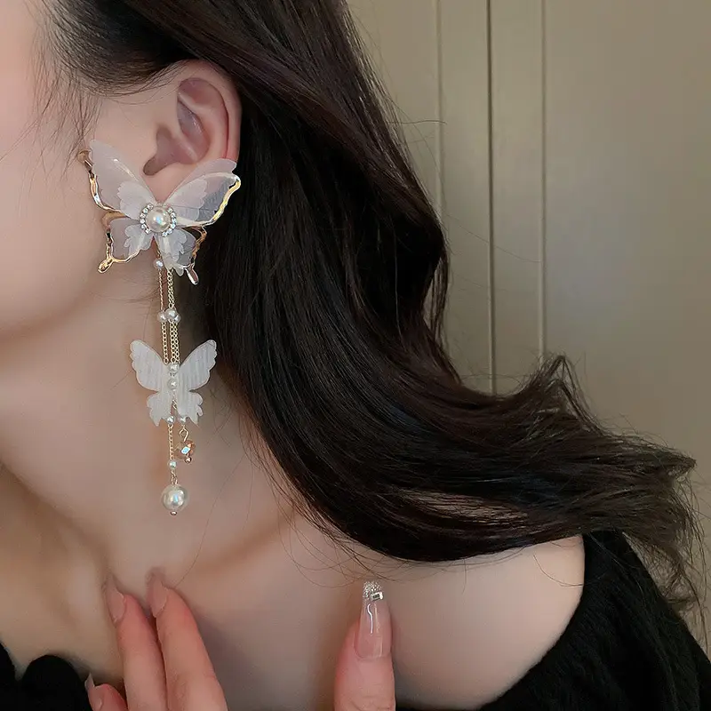 Silver Butterfly Pearl Earrings for Women - Image 5