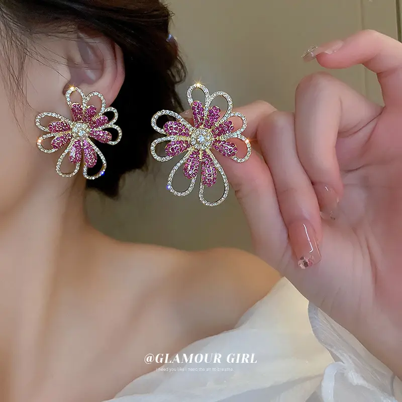Silver Flower Earrings with Exaggerated Diamonds for Women - Image 3