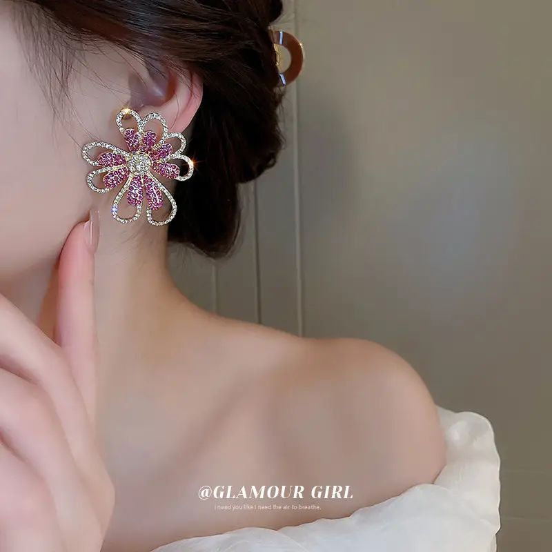 Silver Flower Earrings with Exaggerated Diamonds for Women - Image 5