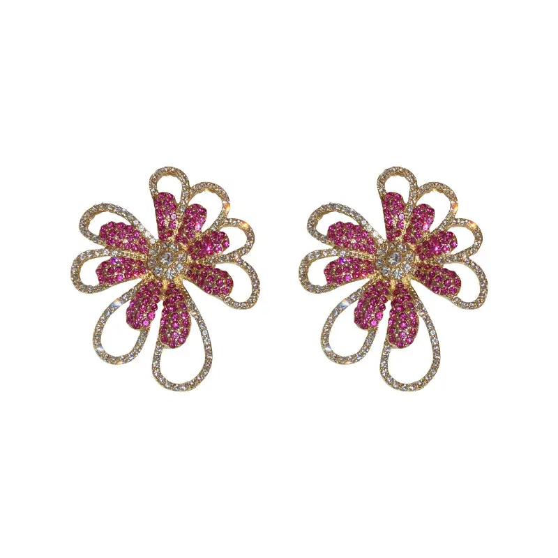 Silver Flower Earrings with Exaggerated Diamonds for Women - Image 6