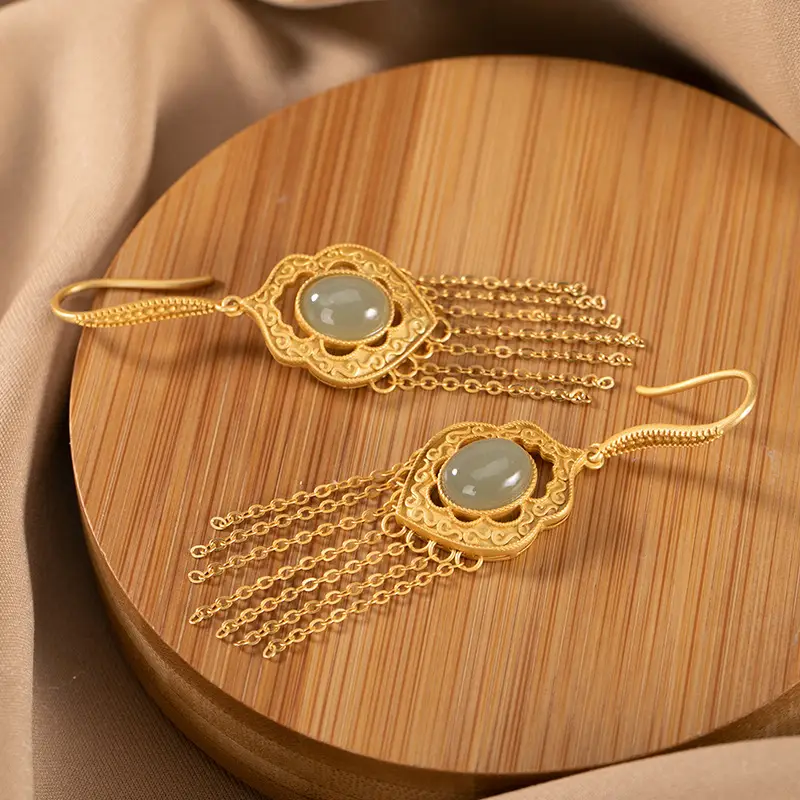 Gold Plated Hetian Jade Earrings Set - Image 4