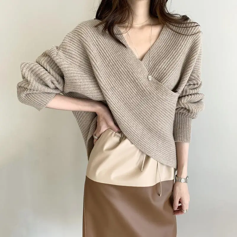 Korean Style Grey Knit V Neck Long Sleeve Women's Sweater - Image 9