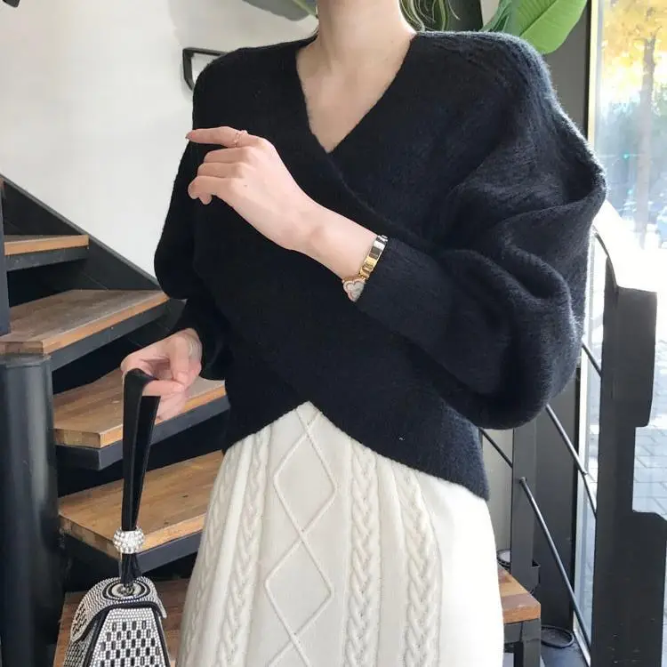 Korean Style Grey Knit V Neck Long Sleeve Women's Sweater - Image 10