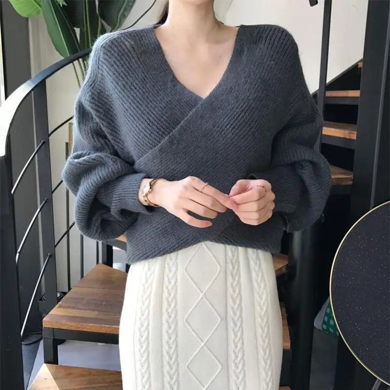 Korean Style Grey Knit V Neck Long Sleeve Women's Sweater - Image 11