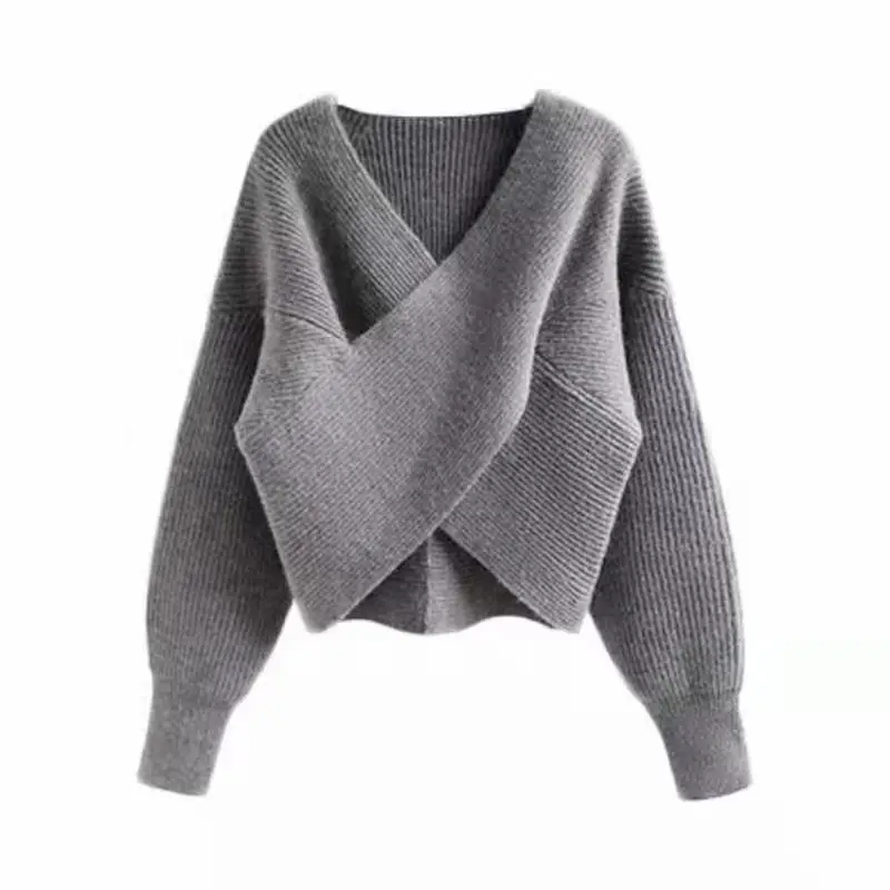 Korean Style Grey Knit V Neck Long Sleeve Women's Sweater - Image 12