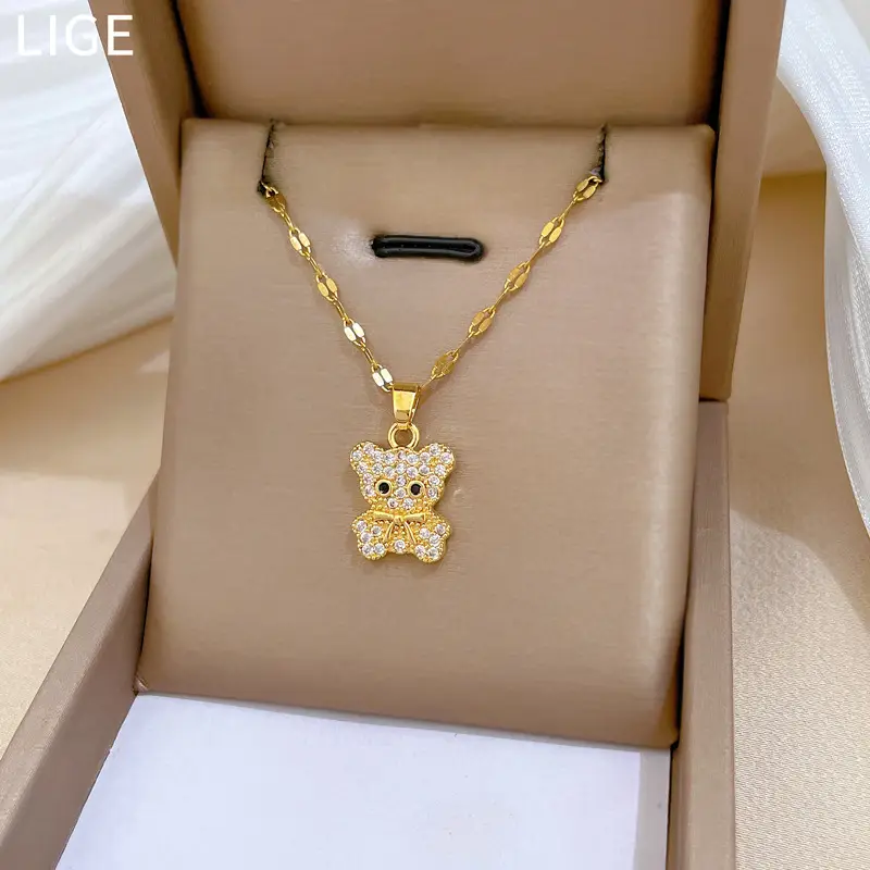 Cute Bear Zircon Necklace for Women Gold Chain — feature 3