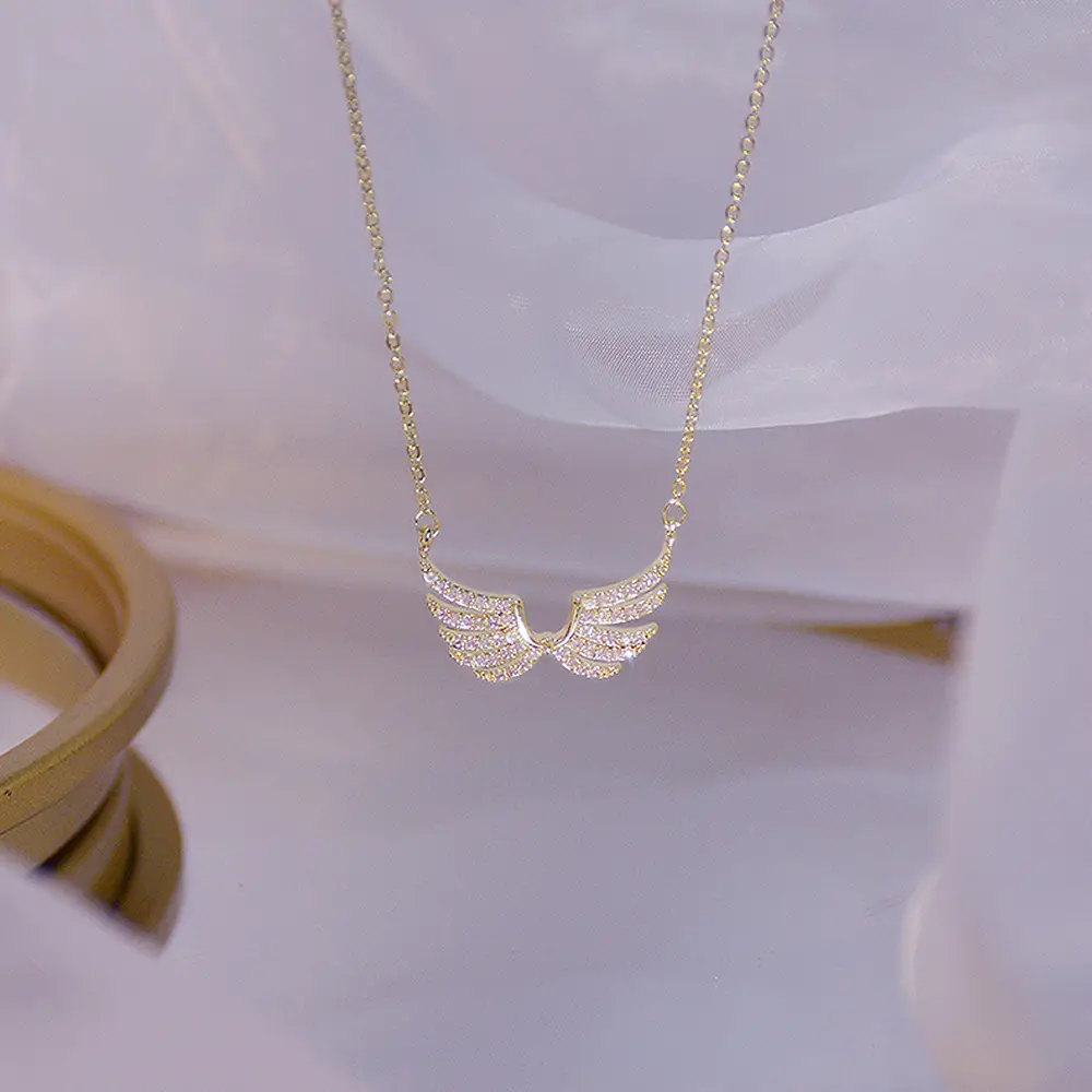 Gold Angel Wings Necklace with Diamond Clavicle for Women - Image 3