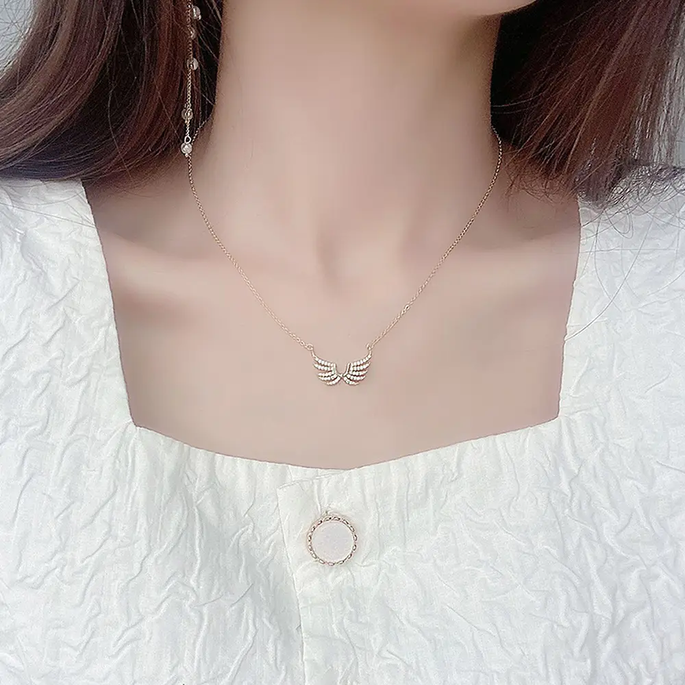 Gold Angel Wings Necklace with Diamond Clavicle for Women - Image 4