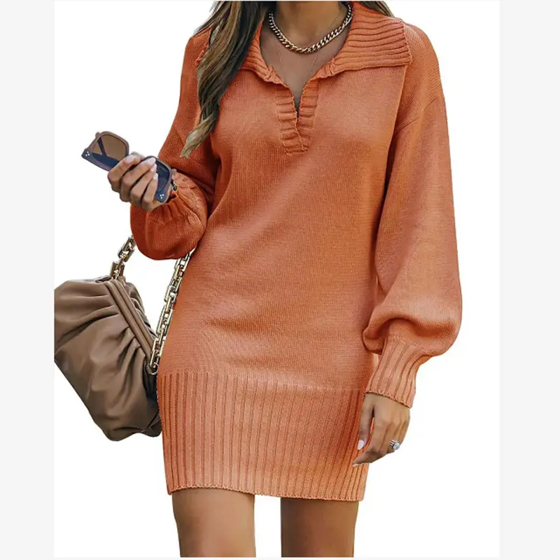 Women's Red Knitted Mid-Length Sweater Skirt with Lantern Sleeves - Image 7