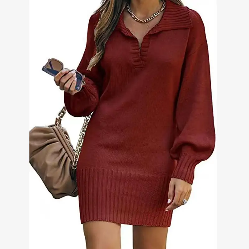 Women's Red Knitted Mid-Length Sweater Skirt with Lantern Sleeves - Image 8