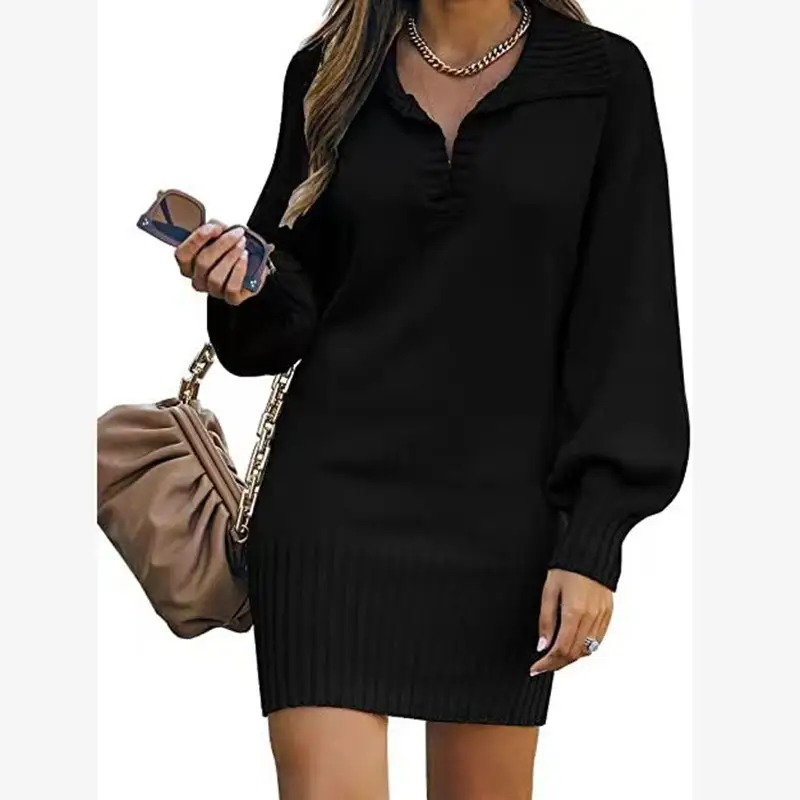 Women's Red Knitted Mid-Length Sweater Skirt with Lantern Sleeves - Image 9