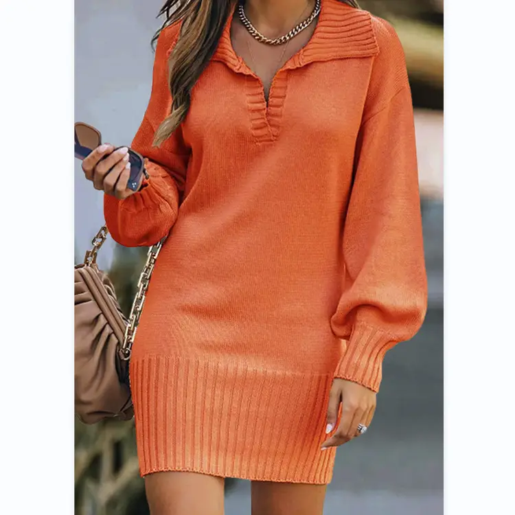 Women's Red Knitted Mid-Length Sweater Skirt with Lantern Sleeves - Image 3