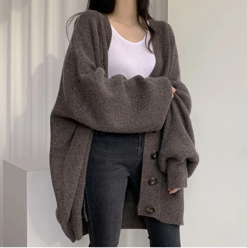Women Knitted V-Neck Cardigan Sweater Jacket Grey - Image 3