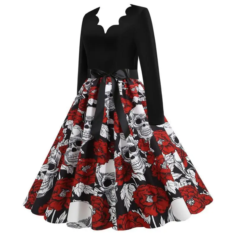 Real Shot Spot 20.21 million Holy Festival New Skull Printed V-Neck Burned Flower Long Sleeve Large Swing Dress - Image 2