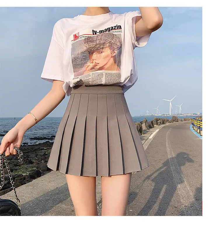 Women's Grey Pleated A-Line Skirt Pure Color — feature 12