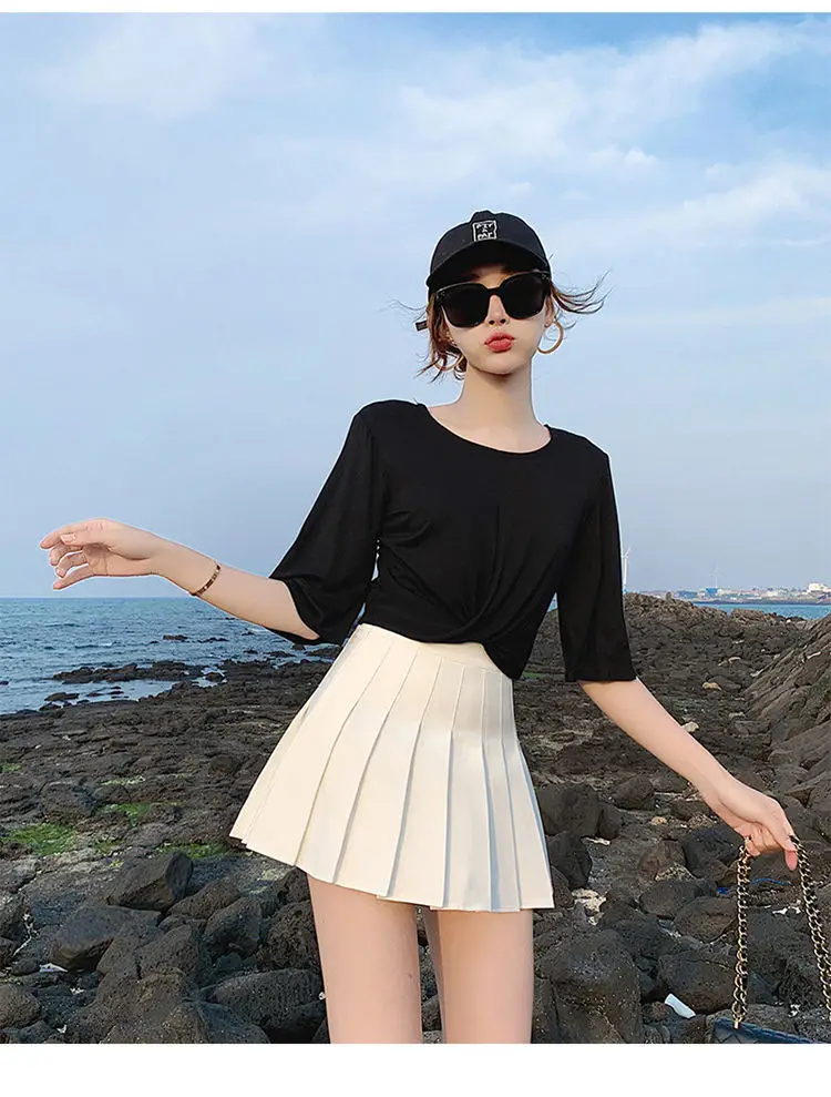 Women's Grey Pleated A-Line Skirt Pure Color — feature 18