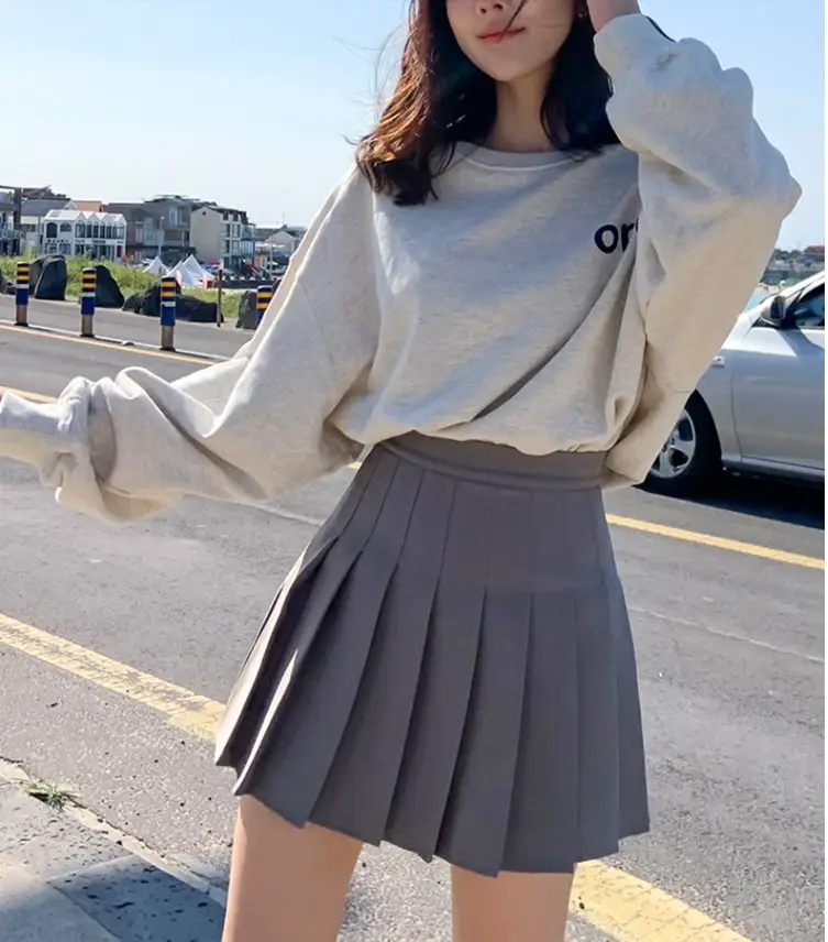 Women's Grey Pleated A-Line Skirt Pure Color — feature 19