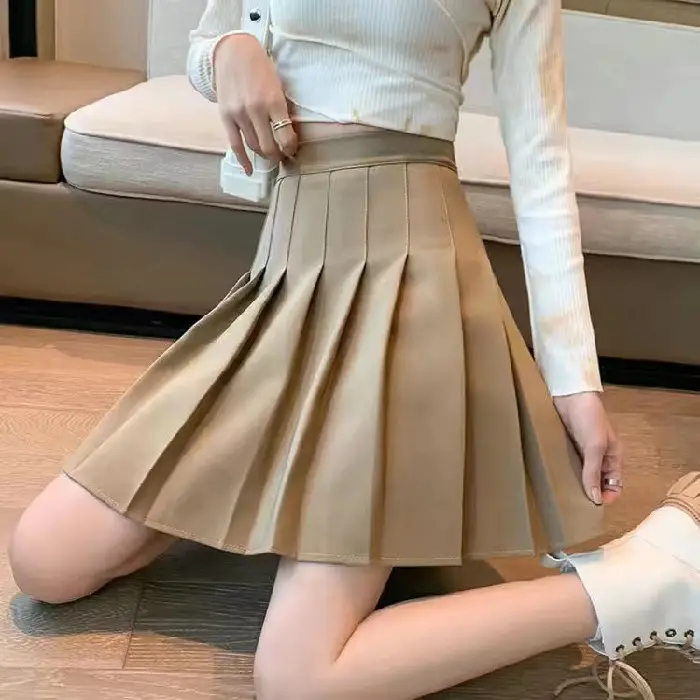 Women's Grey Pleated A-Line Skirt Pure Color - Image 6