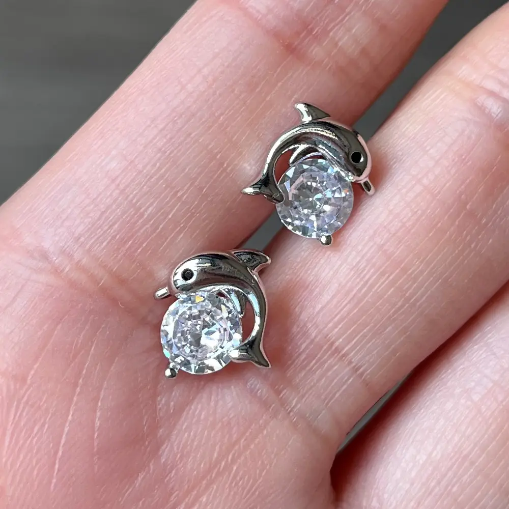 Cao Shi Dolphin Earrings Micro-Inlay Zircon Silver - Image 6
