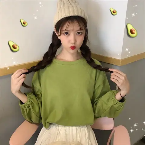 Women's Green Loose Pullover T-Shirt with Long Sleeve Lantern Design - Image 9