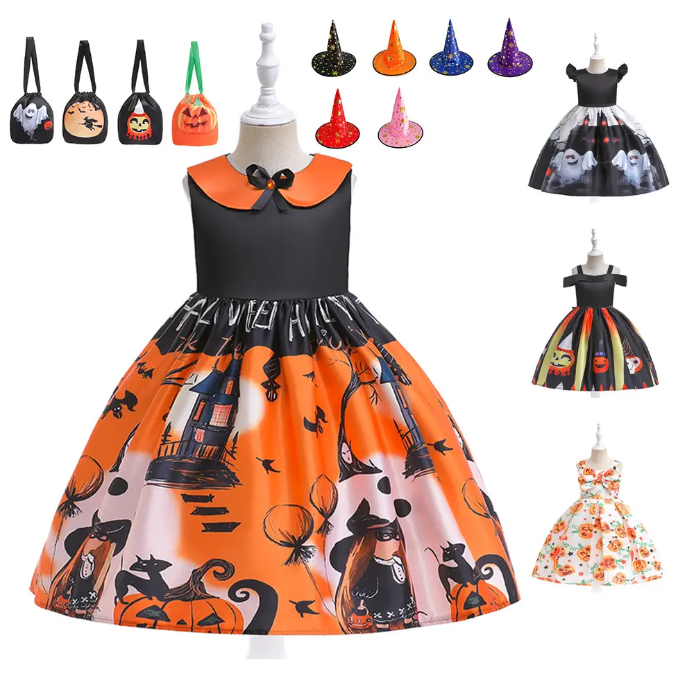 Halloween Kids Costume Girls Dress Witch Pumpkin Print - Image 21