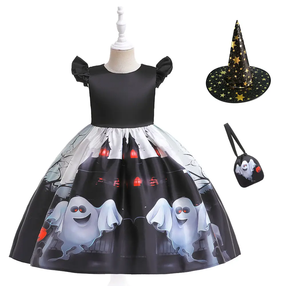Halloween Kids Costume Girls Dress Witch Pumpkin Print - Image 12