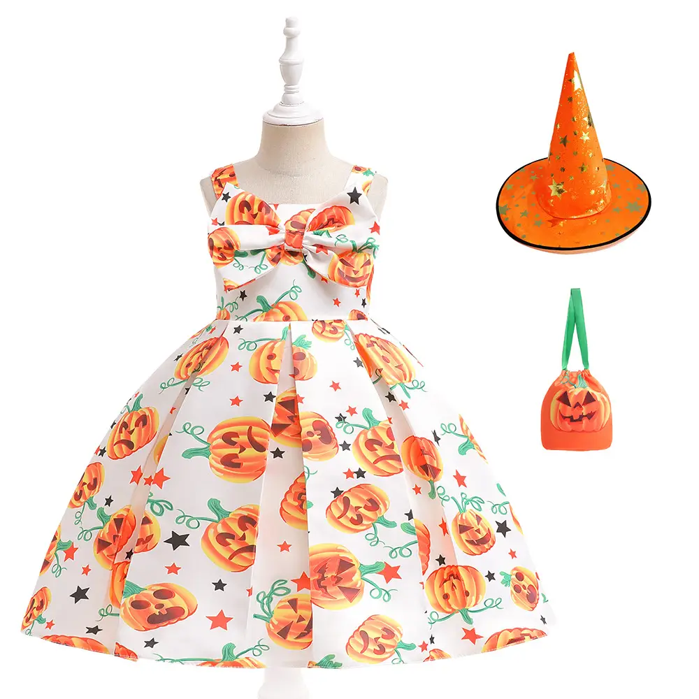Halloween Kids Costume Girls Dress Witch Pumpkin Print - Image 10