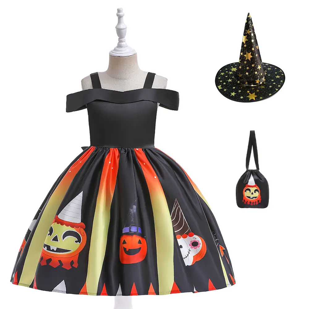 Halloween Kids Costume Girls Dress Witch Pumpkin Print - Image 11