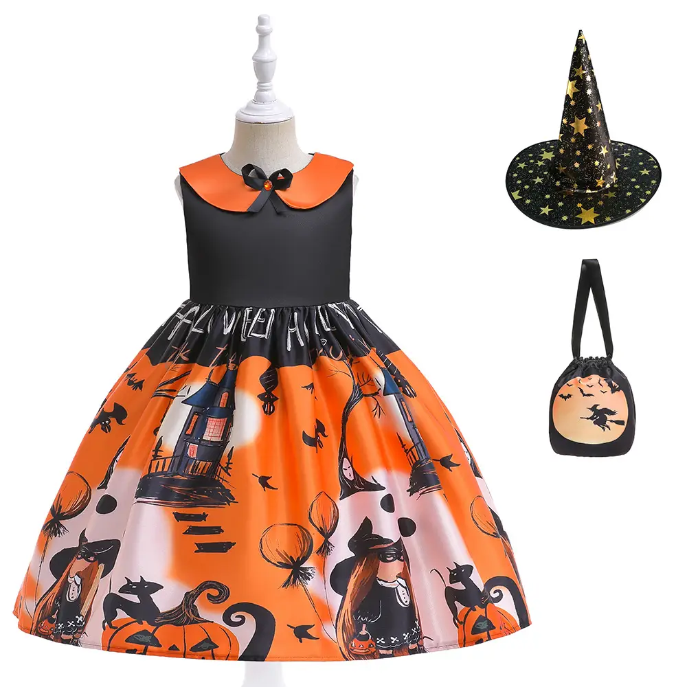 Halloween Kids Costume Girls Dress Witch Pumpkin Print - Image 13