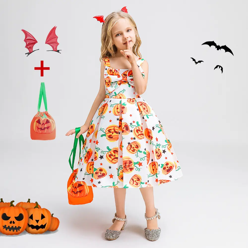 Halloween Kids Costume Girls Dress Witch Pumpkin Print - Image 15