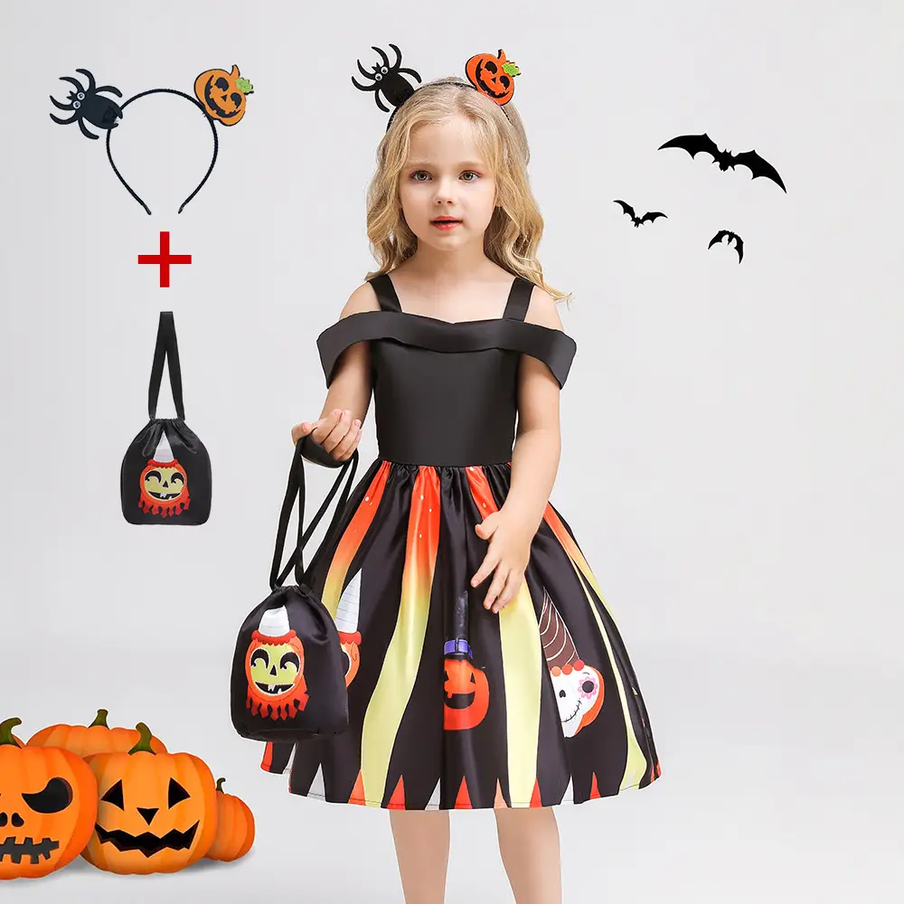 Halloween Kids Costume Girls Dress Witch Pumpkin Print - Image 16